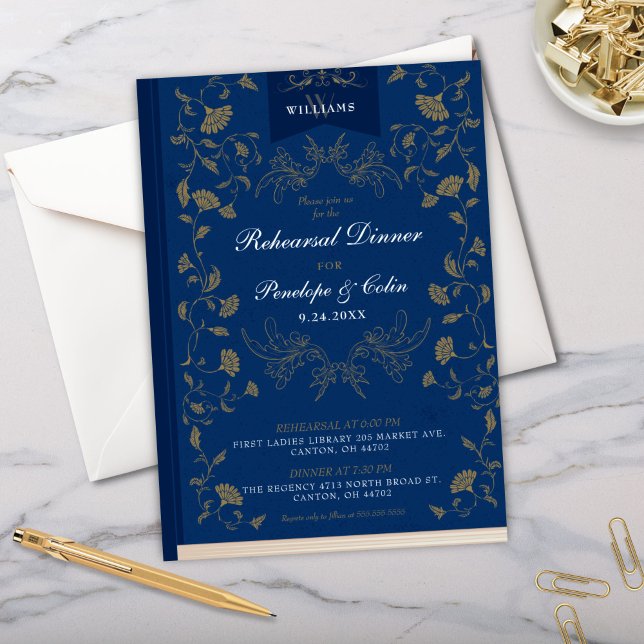 Vintage Blue Book Cover Wedding Rehearsal Dinner Invitation (elegant navy blue and gold book cover theme wedding rehearsal dinner invitation with calligraphy)