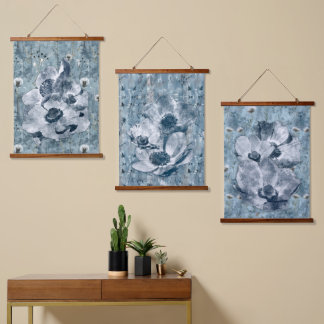 Vintage Blue Botanical Illustration Hanging Tapestry