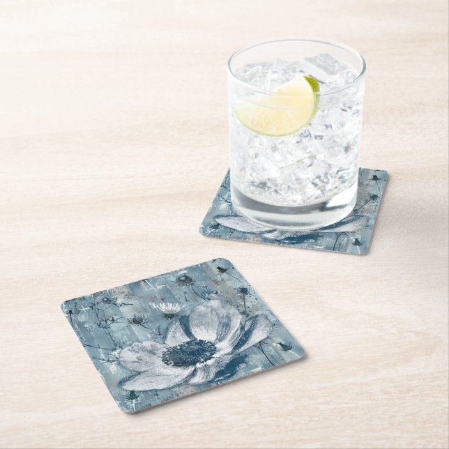 Vintage Blue Botanical Illustration Square Paper Coaster (Insitu)