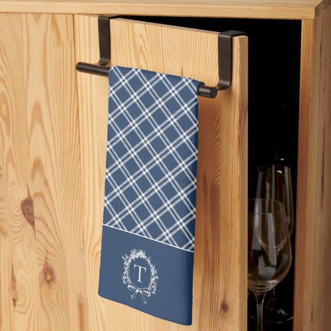 Vintage Blue Botanical Monogram Kitchen Towel (Thirds Fold)