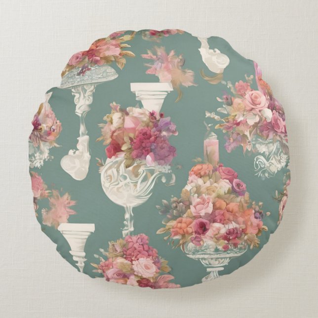 Vintage Blue Bouquet Round Pillow (Front)