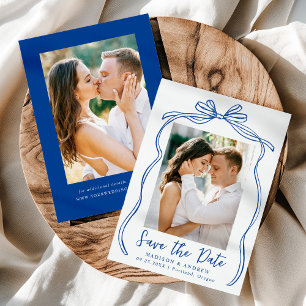 Vintage Blue Bow 2 Photo Wedding Save The Date