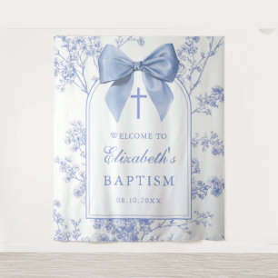 Vintage Blue Bow Baptism Photo Backdrop Tapestry