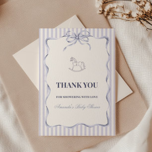 Vintage Blue Bow Boy Rocking Horse Baby Shower Thank You Card