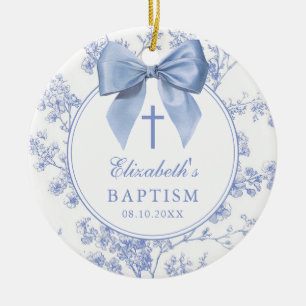 Vintage Blue Bow Floral Baptism Christening Ceramic Ornament
