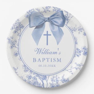Vintage Blue Bow Floral Baptism Christening Paper Plate