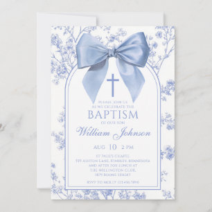Vintage Blue Bow Floral Baptism Invitation
