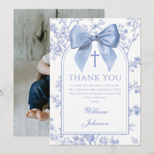 Vintage Blue Bow Floral Boy Baptism Photo Thank You Card