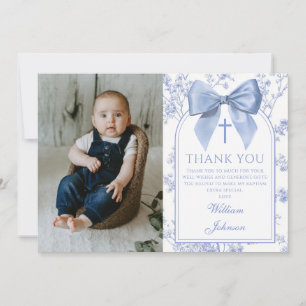 Vintage Blue Bow Floral Boy Baptism Thank You Card