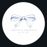 Vintage Blue Bow Wedding Classic Round Sticker<br><div class="desc">Vintage Blue Bow Wedding stickers - personalize with your names and wedding date</div>