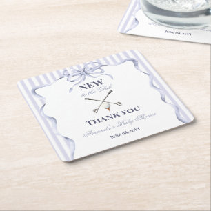 Vintage Blue Boy New to the Club Golf Baby Shower Square Paper Coaster