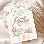 Vintage Blue Boys First Rodeo 1st Birthday  Invitation<br><div class="desc">Vintage Blue Boys First Rodeo 1st Birthday Invitation

Blue and brown boy's vintage style first rodeo birthday invitation with a desert landscape with cactus,  longhorn cows,  sun and a rope like text heading.  This boy's first rodeo birthday invitation is ideal for a boys wild west themed first birthday party.</div>
