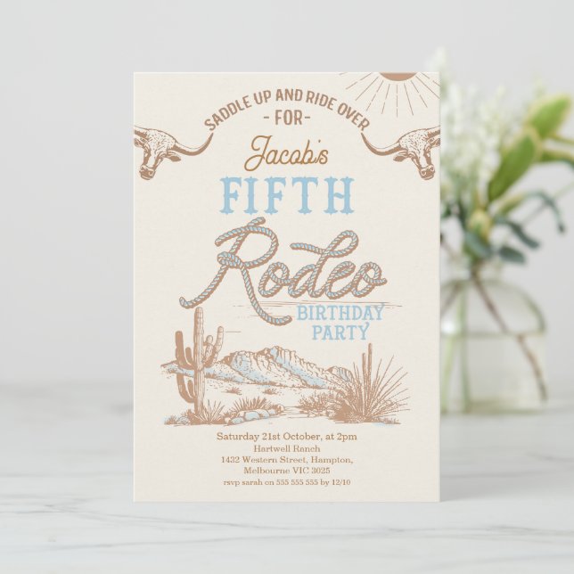 Vintage Blue Boys First Rodeo 5th Birthday  Invitation (Standing Front)