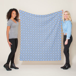 Vintage Blue Brown Barcelona Petals Geometric Tile Fleece Blanket
