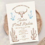 Vintage Blue Brown Boys First Rodeo 1st Birthday Invitation<br><div class="desc">Vintage Blue Brown Boys First Rodeo 1st Birthday Invitation

Blue and brown vintage style first rodeo birthday invitation featuring a Texas longhorn cow,  cowboy boot,  and cactus.  This western or wild west first birthday invitation for a baby boy is ideal for boy's first birthday.</div>