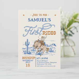Vintage Blue Brown Bronco First Rodeo 1st Birthday Invitation