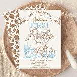 Vintage Blue Brown Cowboy First Rodeo 1st Birthday Invitation<br><div class="desc">Vintage Blue Brown Cowboy First Rodeo 1st Birthday Invitation

Vintage style cowboy themed first rodeo birthday invitation featuring a cowboy and horse,  blue western desert,  rope style text and two longhorn cow heads.  The back of this first rodeo birthday invitation features a brown cow print pattern.</div>