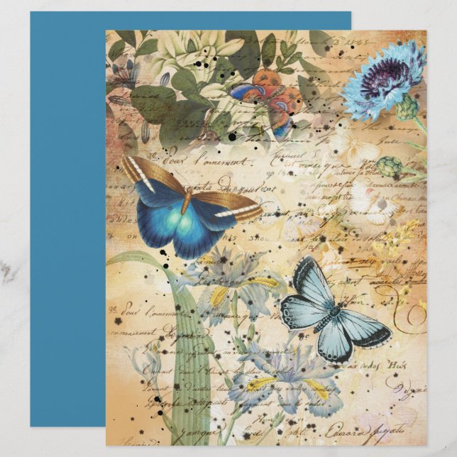 Vintage Blue Butterflies and Flowers Scrapbook Pap (Front/Back)