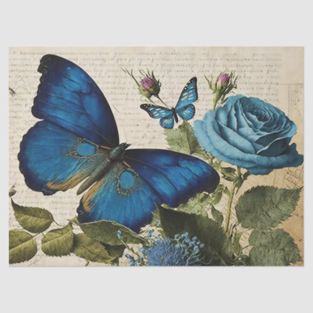 Vintage Blue Butterflies and Roses Decoupage Tissue Paper (Front)