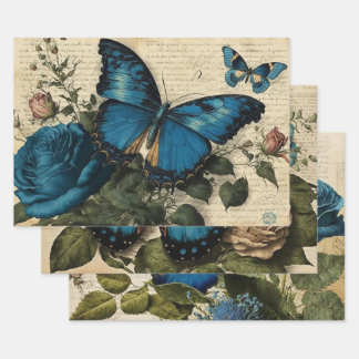 Vintage Blue Butterflies and Roses Decoupage Wrapping Paper Sheet