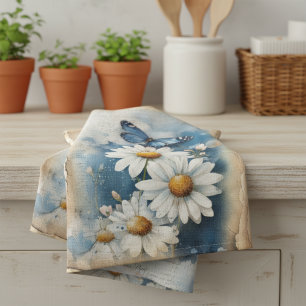 Vintage Blue Butterfly and Daisies   Farmhouse Kitchen Towel