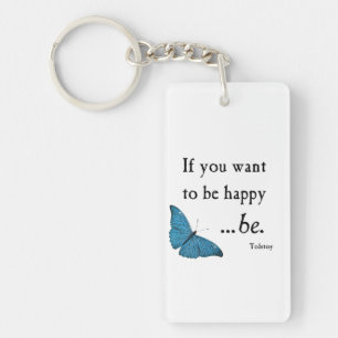 Vintage Blue Butterfly and Tolstoy Happiness Quote Keychain