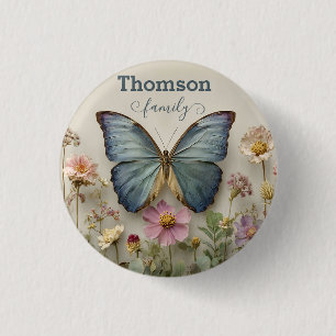 Vintage Blue Butterfly Floral Garden Family 1 Inch Round Button