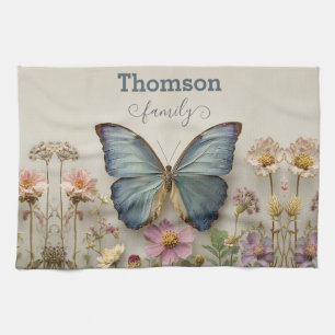 Vintage Blue Butterfly Floral Garden Family Kitchen Towel