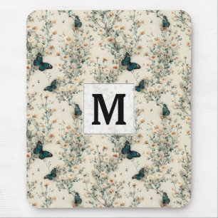 Vintage Blue Butterfly Floral Monogram Mouse Pad