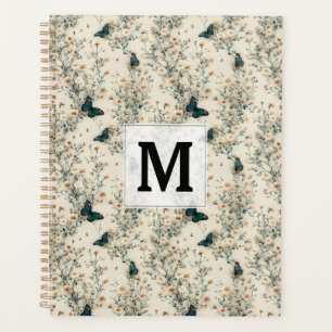 Vintage Blue Butterfly Floral Monogram Planner
