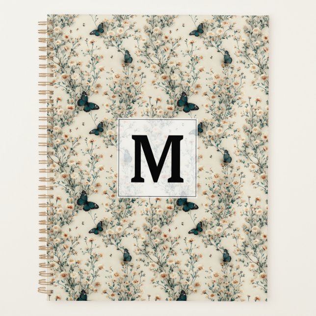 Vintage Blue Butterfly Floral Monogram Planner (Front)