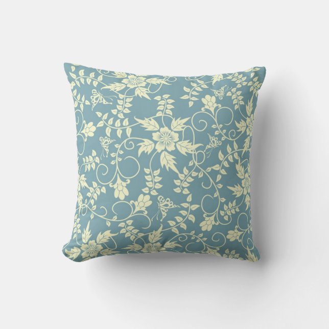 Vintage blue butterfly floral throw pillow (Front)