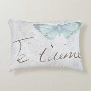 Vintage Blue Butterfly Je t'aime Decorative Pillow