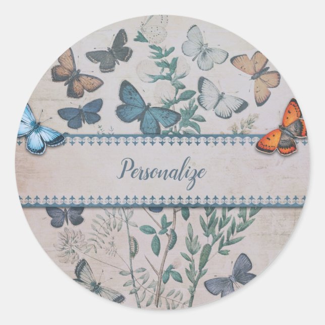 Vintage Blue Butterfly Pattern Personalized Classic Round Sticker (Front)