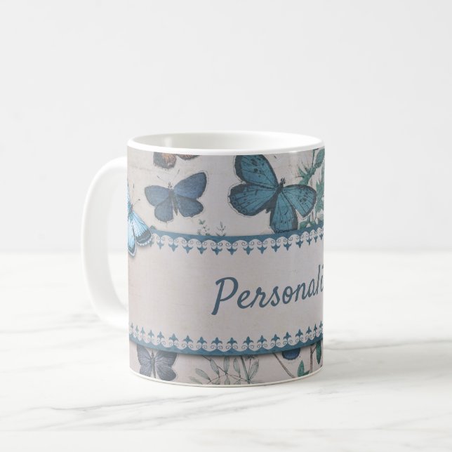 Vintage Blue Butterfly Pattern Personalized Coffee Mug (Front Left)