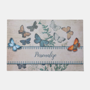 Vintage Blue Butterfly Pattern Personalized Doormat