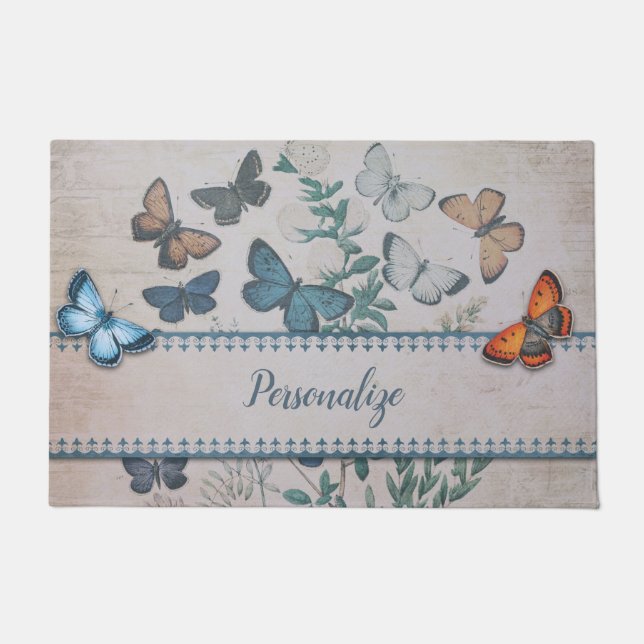 Vintage Blue Butterfly Pattern Personalized Doormat (Front)
