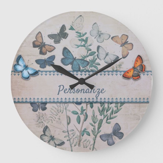 Vintage Blue Butterfly Pattern Personalized  Large Clock (Front)