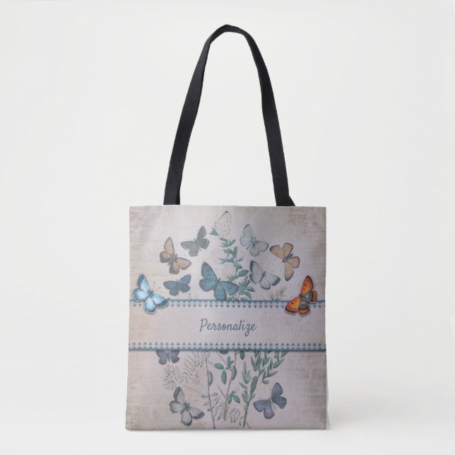 Vintage Blue Butterfly Pattern Personalized  Tote Bag (Front)
