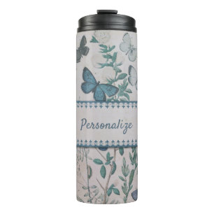 Vintage Blue Butterfly Pattern Personalized Travel Thermal Tumbler
