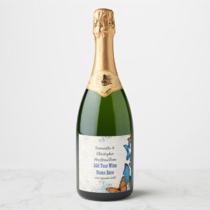 Vintage blue butterfly wedding sparkling wine label