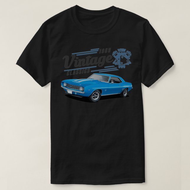 Vintage Blue Camaro and Engine T-Shirt (Design Front)