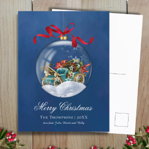 Vintage Blue Car Christmas Holiday Postcard