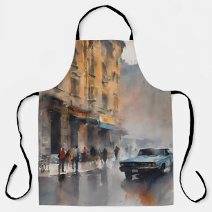 Vintage Blue Car in Foggy Cityscape  Apron