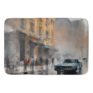 Vintage Blue Car in Foggy Cityscape Bath Mat