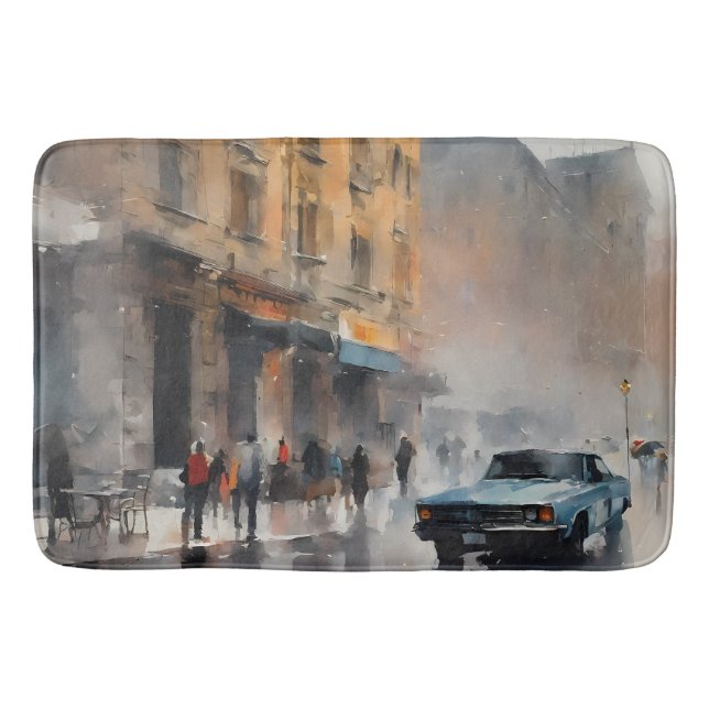 Vintage Blue Car in Foggy Cityscape Bath Mat (Front)