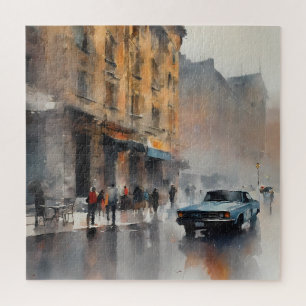 Vintage Blue Car in Foggy Cityscape Jigsaw Puzzle