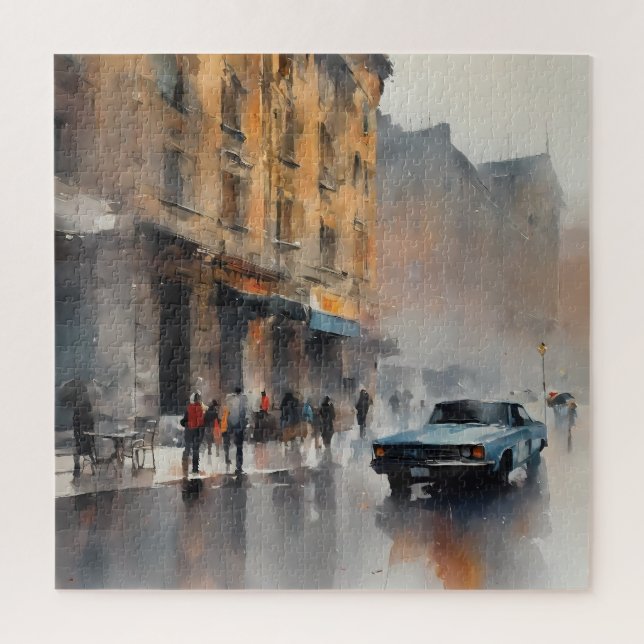 Vintage Blue Car in Foggy Cityscape  Jigsaw Puzzle (Vertical)
