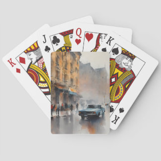 Vintage Blue Car in Foggy Cityscape Playing Cards
