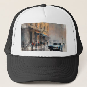 Vintage Blue Car in Foggy Cityscape Trucker Hat